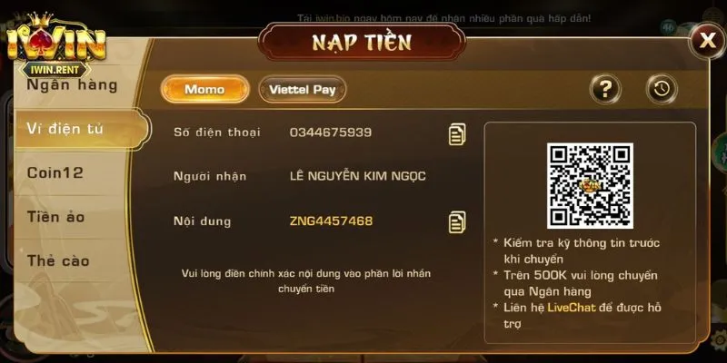 Nạp tiền iWin nhanh chóng qua ví điện tử